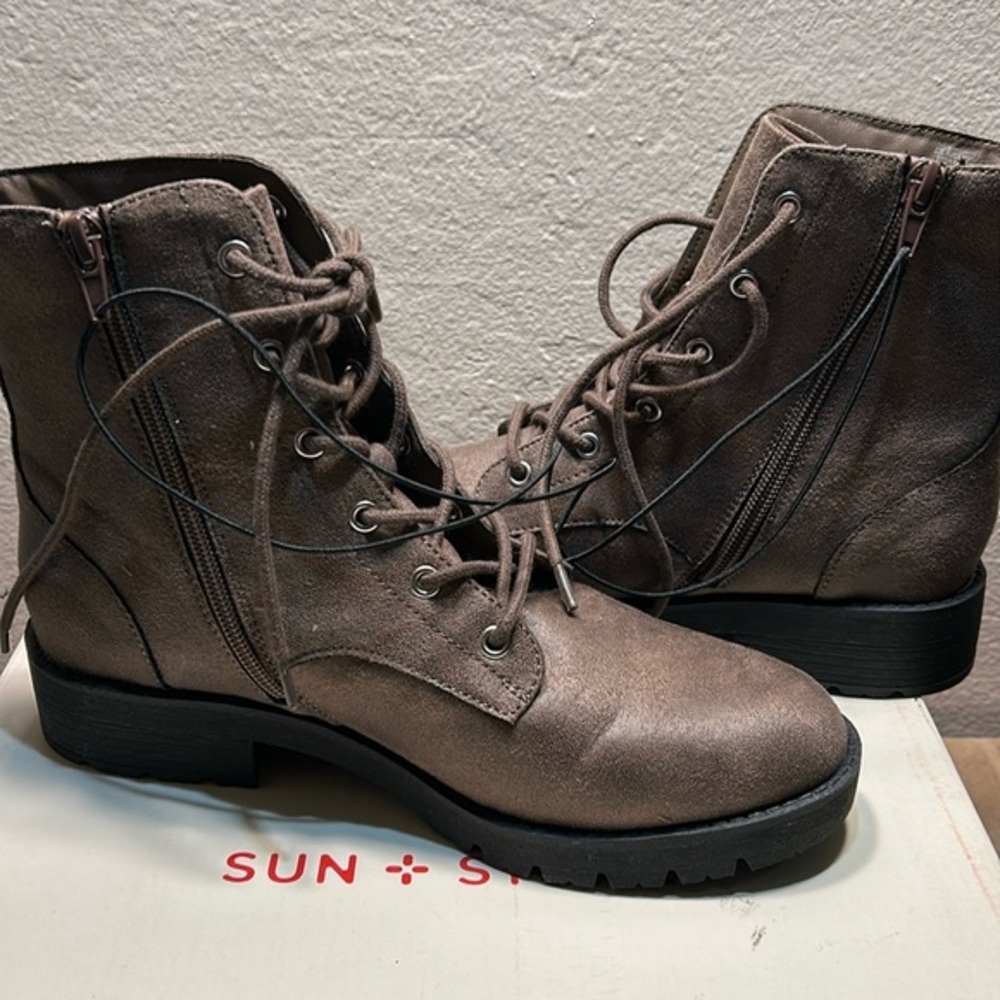 Sun + Stone Frankieep Taupe Lace Up Side Zip Combat Ankle Boots Womens 7 M